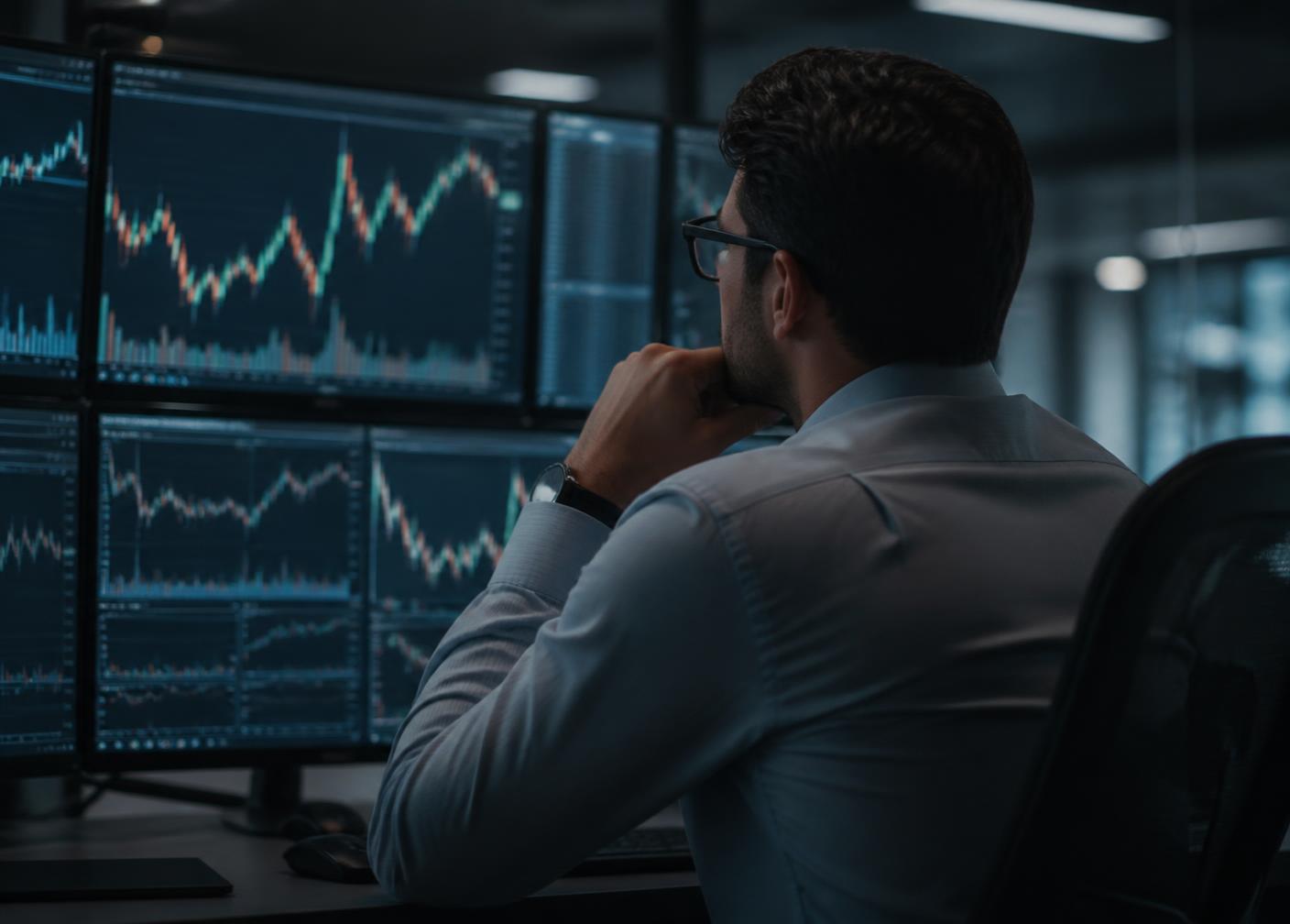 Analysts reviewing multi-screen market research at an institutional trading desk