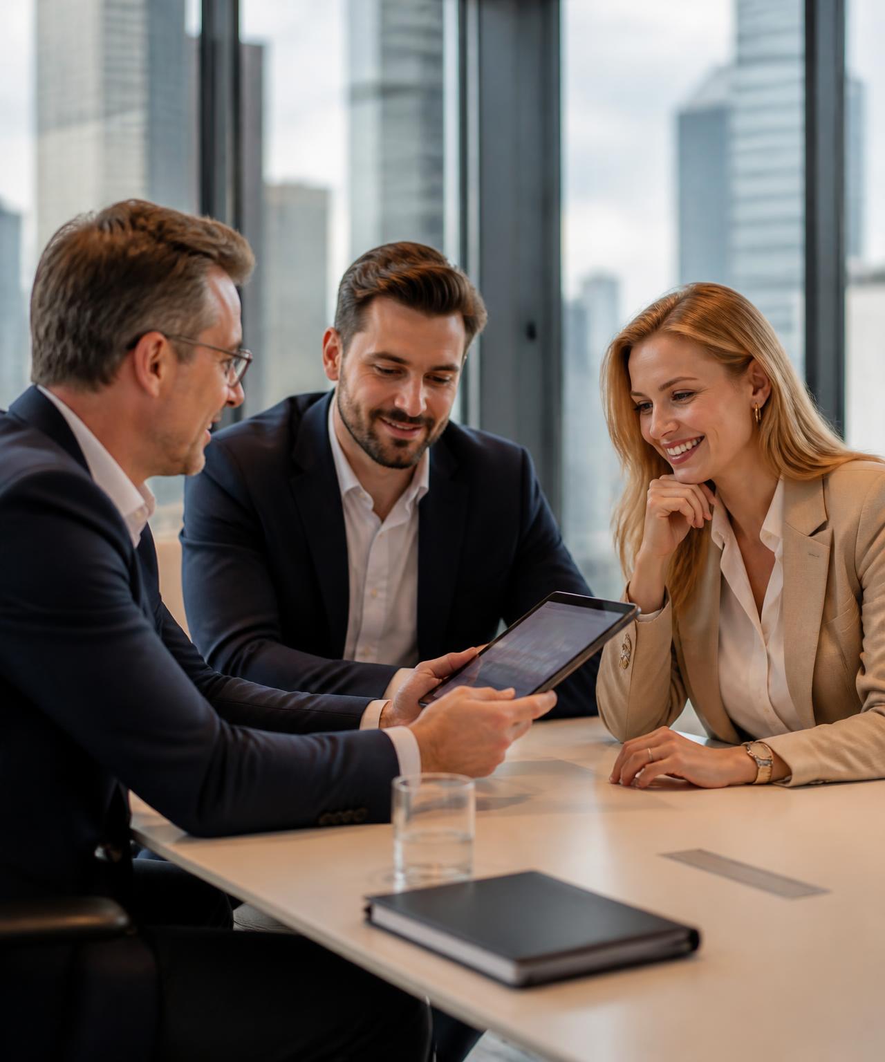 Financial professionals collaborating over market research in a corporate office