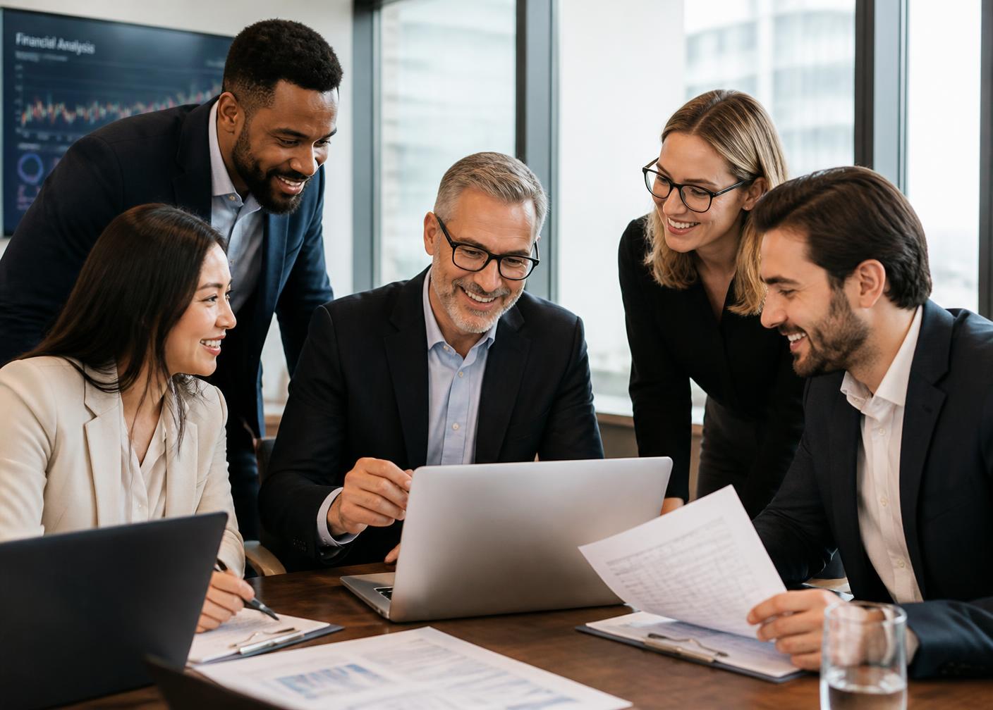 InstaSwich team of financial professionals collaborating in a modern office