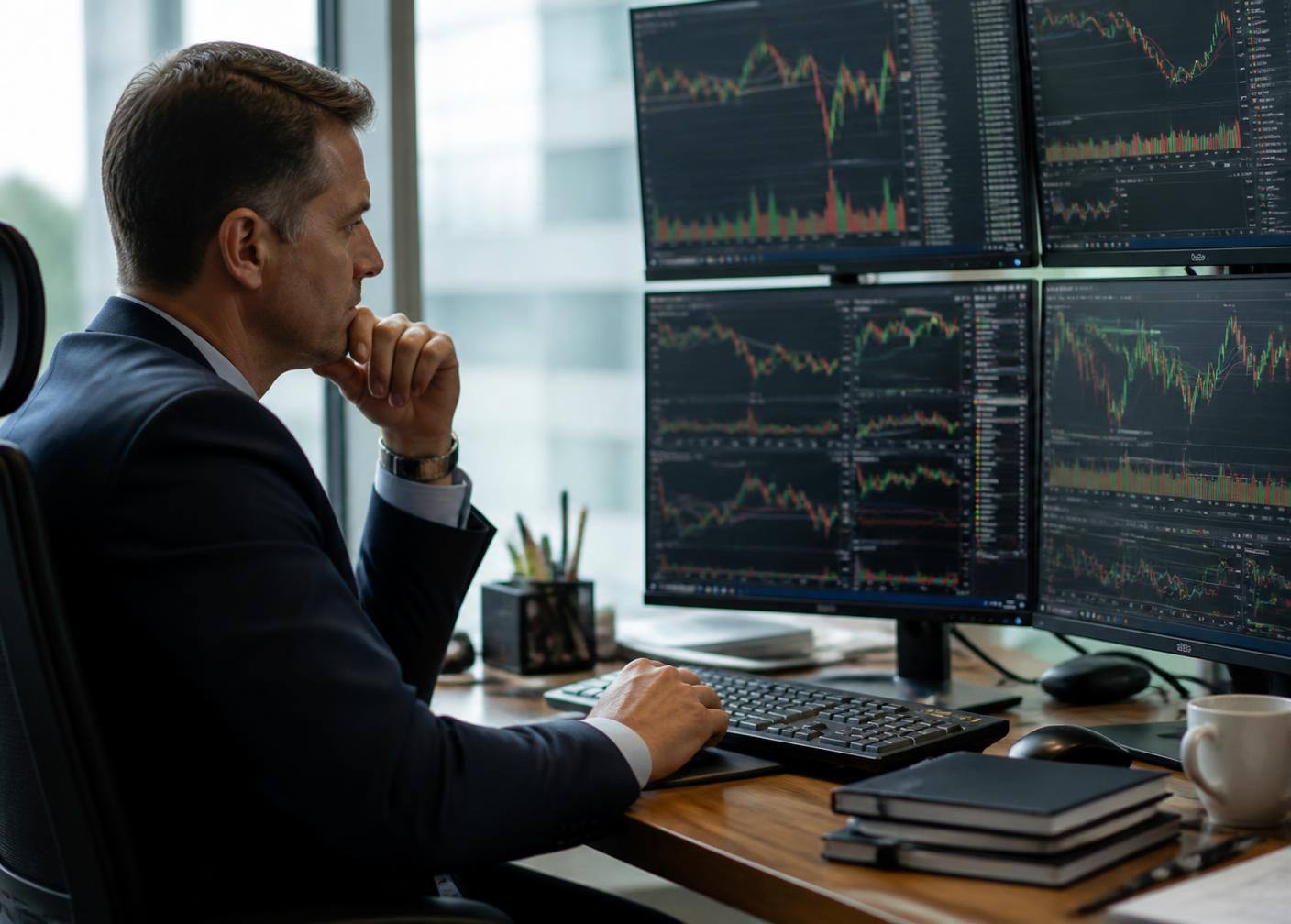 Professional trader analysing market structure on a multi-monitor desk