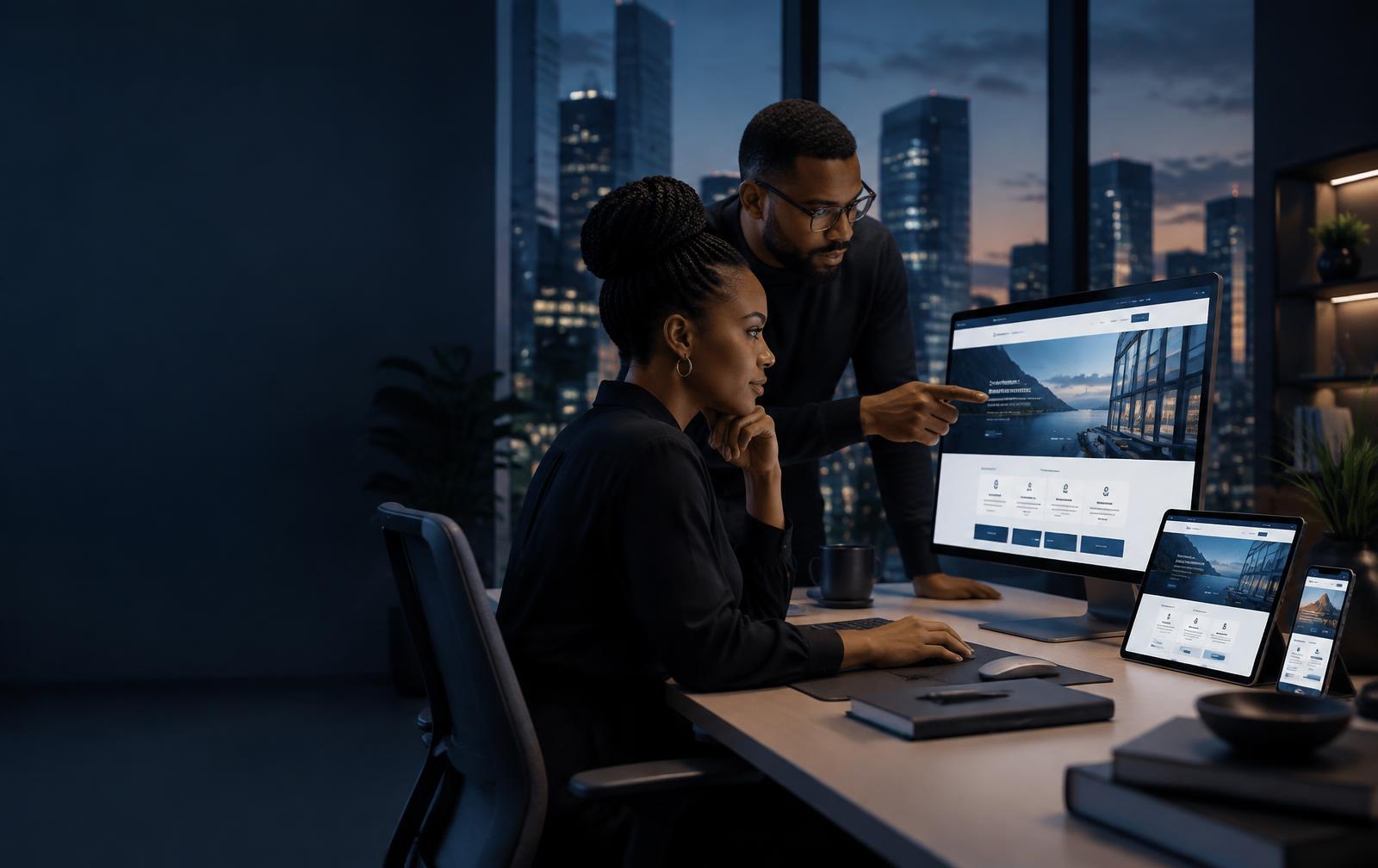 A design and development team reviewing a responsive business website across several devices