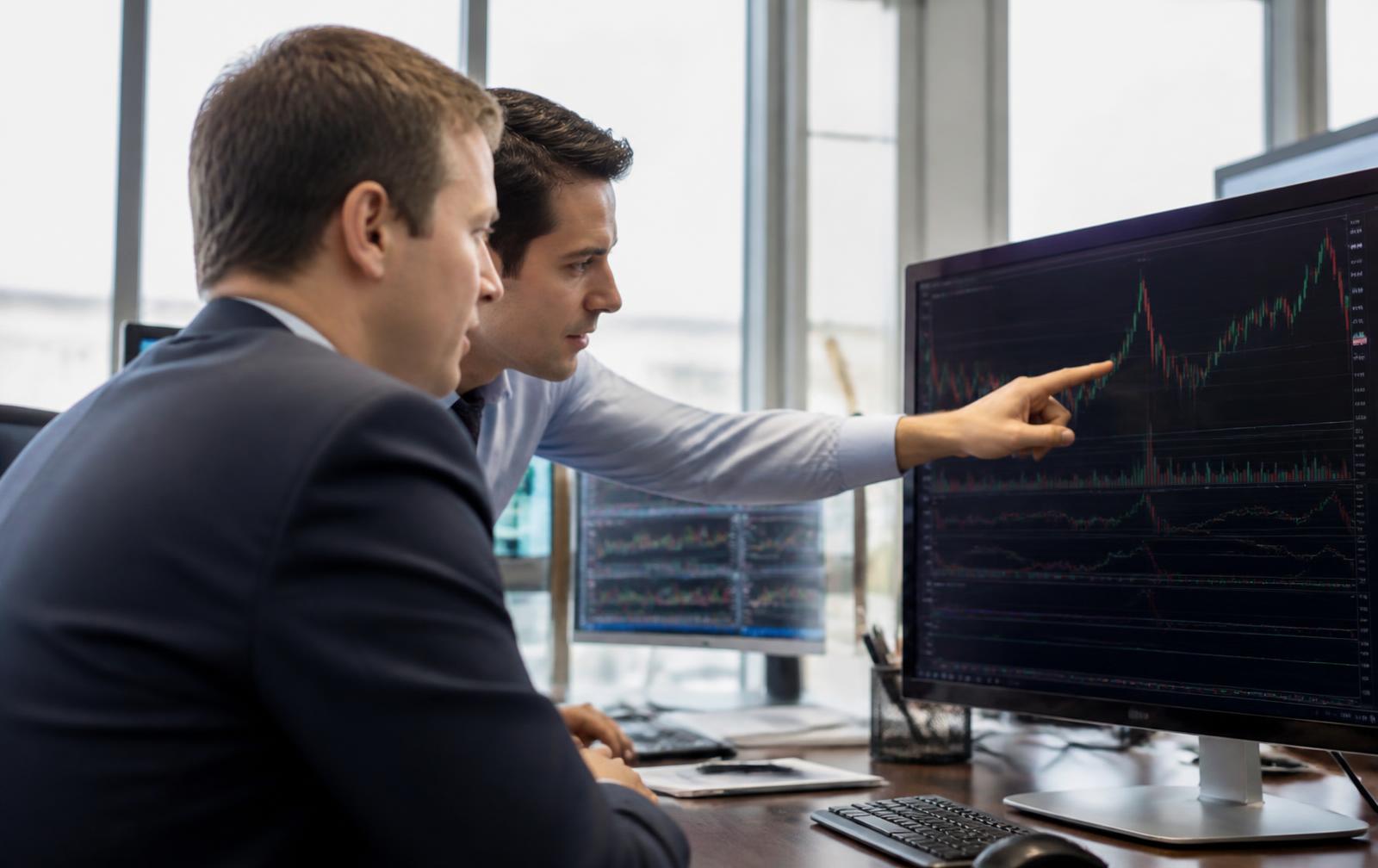 Financial professionals reviewing market information together at a workstation