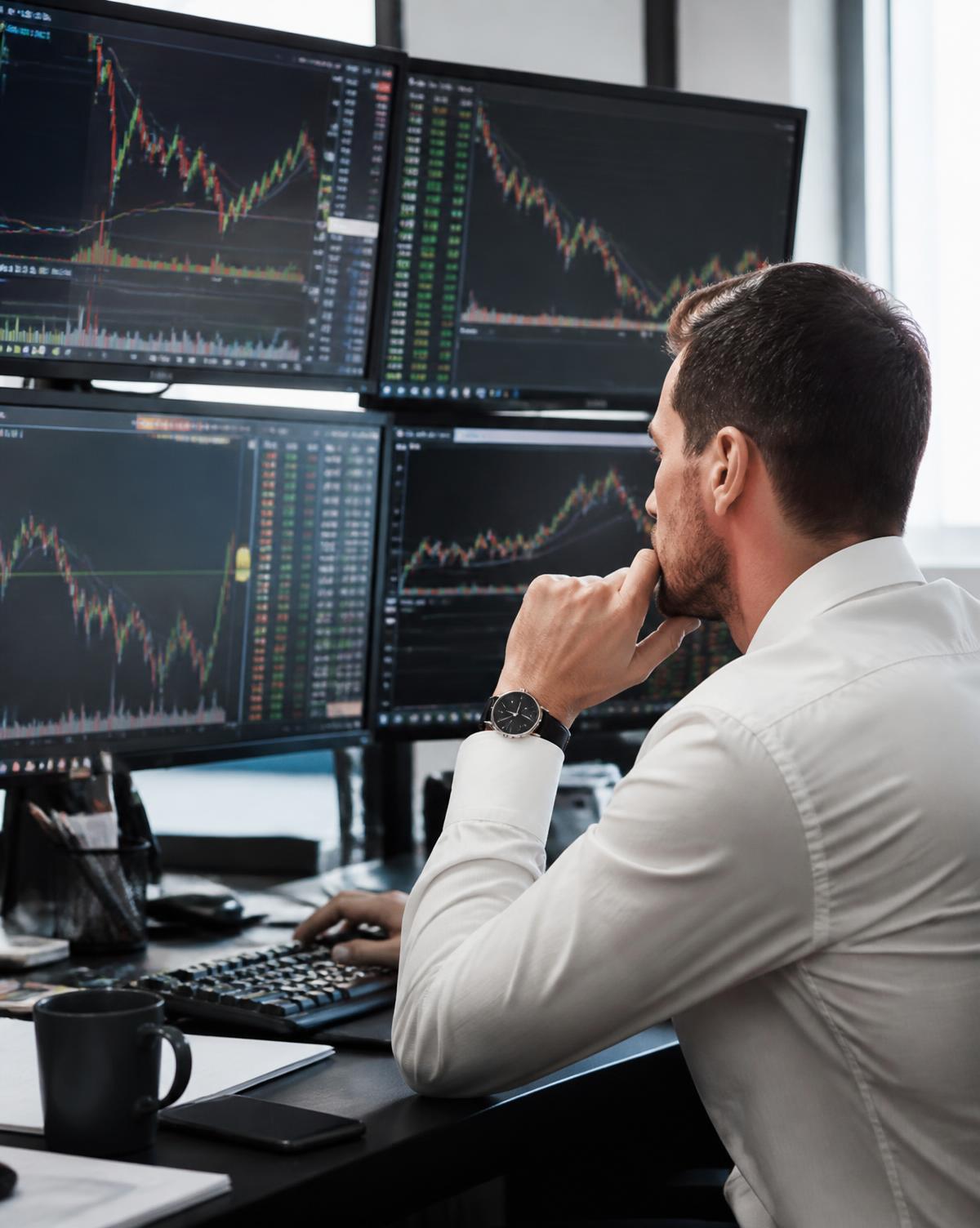 Professional trader working at a multi-monitor trading terminal